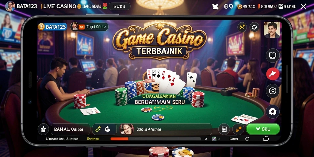 Screenshot gameplay yang menunjukkan dealer live dan suasana kasino.