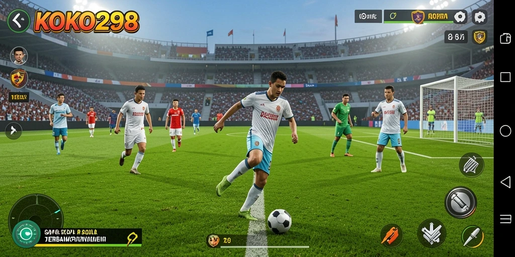 Screenshot KOKO288 menunjukkan gameplay sepak bola yang dinamis dan menarik.