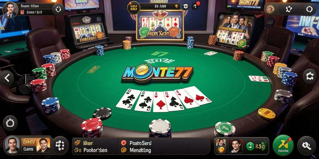 Gameplay seru dalam MONTE77 dengan pemain poker di meja.