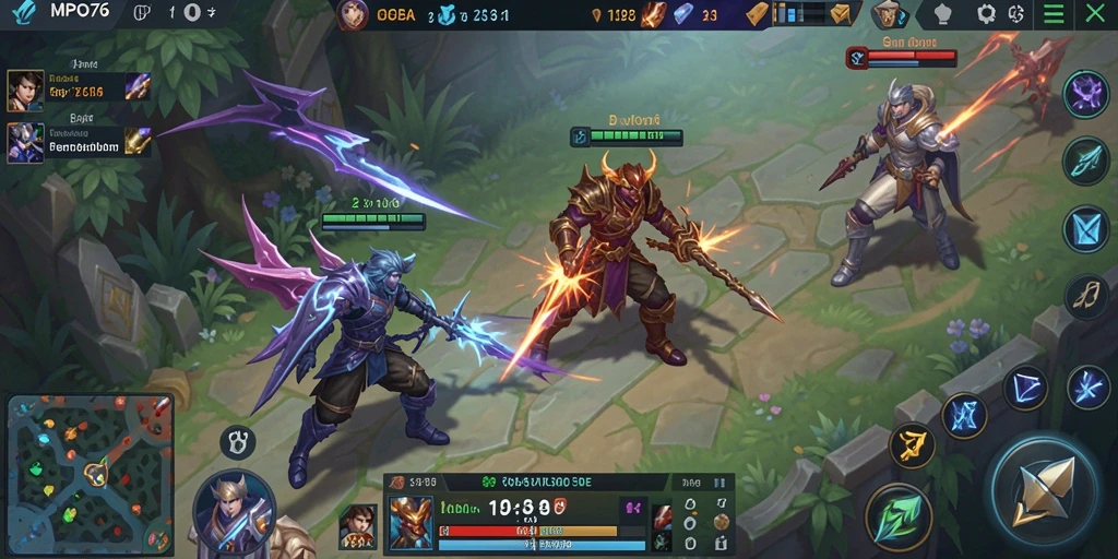 Screenshot MPO76 menampilkan gameplay seru dengan aksi pertempuran MOBA.