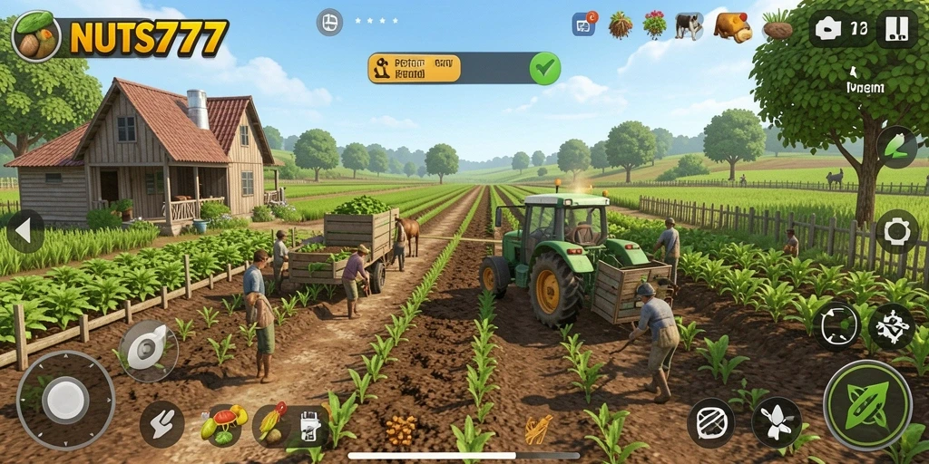 Screenshot gameplay NUTS777 menampilkan aktivitas pertanian seru.