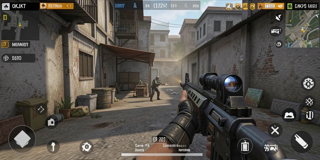 Screenshot gameplay OKJKT menampilkan aksi tembak-menembak yang intens.