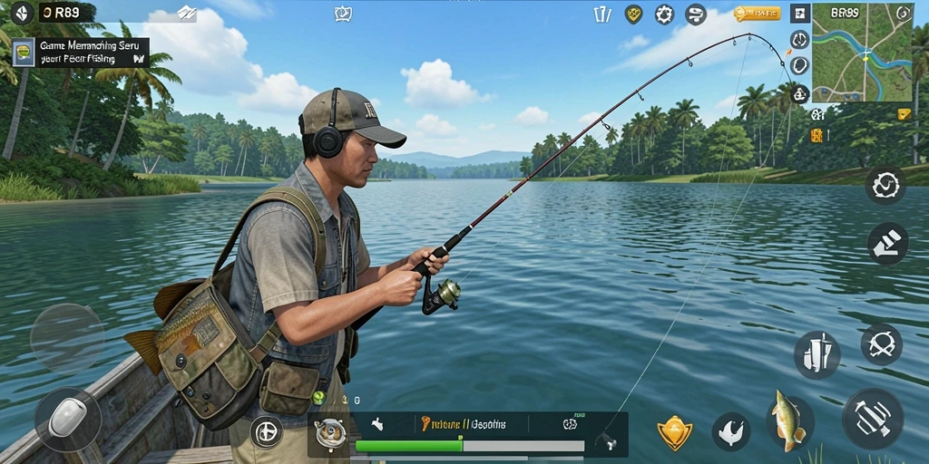 Tampilan gameplay RR89 yang menampilkan aksi memancing yang seru.