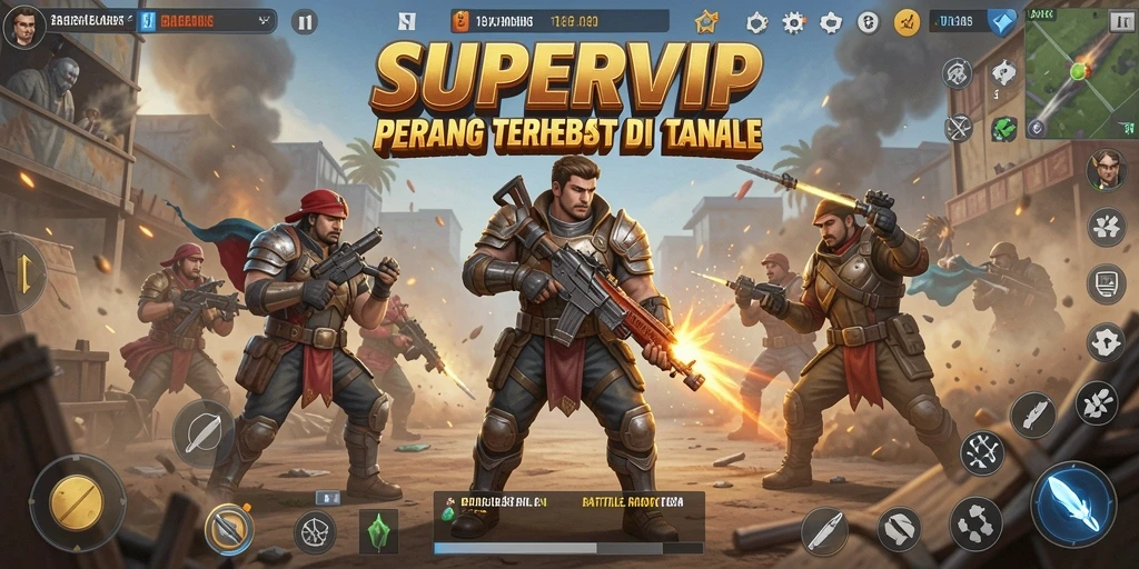 Screenshot gameplay SUPERVIP yang menampilkan pertempuran intens di pulau.