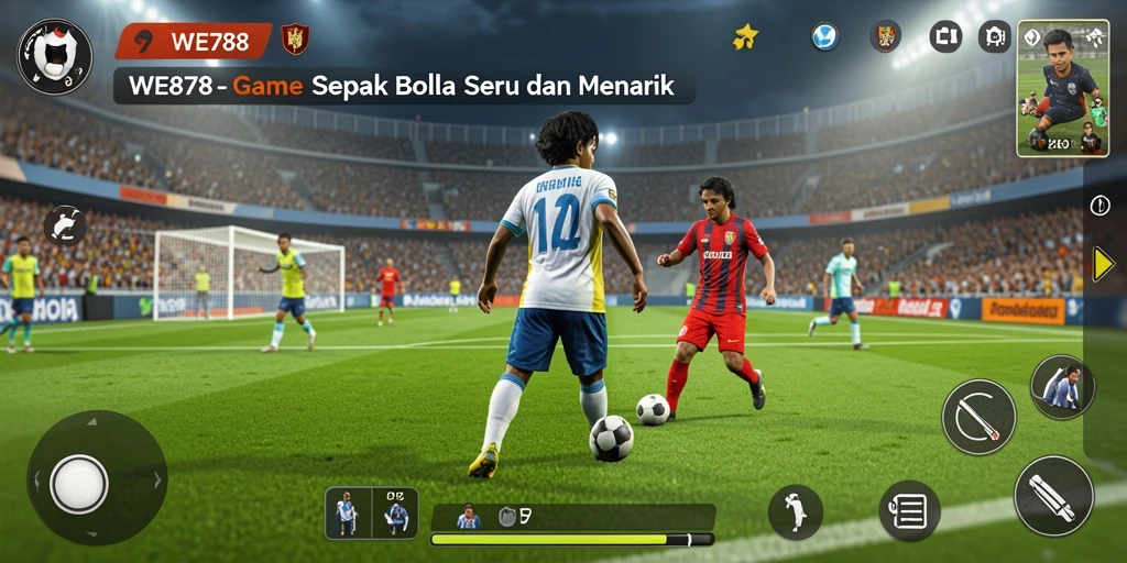 Screenshot utama WE878 menampilkan aksi seru di lapangan sepak bola.